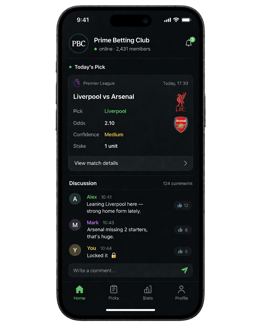 Prime Betting Club app showing today's pick on iPhone